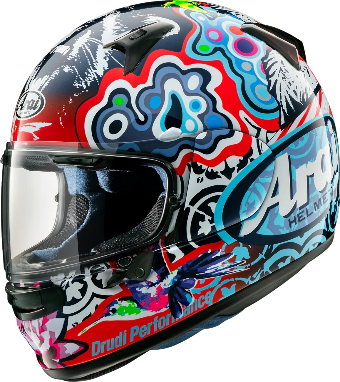 Arai full-face motorcycle helmet with vibrant Drudi Performance graphic design and clear visor