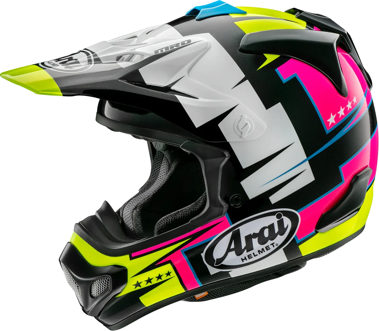 Arai motocross helmet with bold pink, neon yellow, and black graphics for off-road riding protection