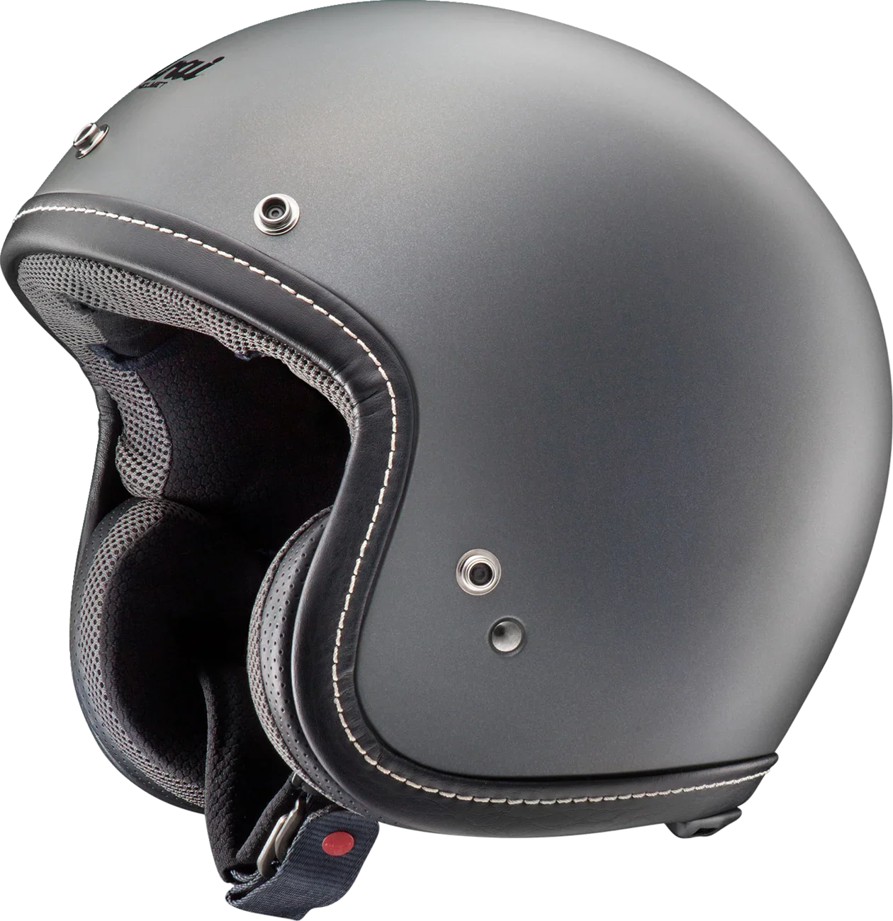 Matte gray open-face motorcycle helmet with white stitching and ventilation ports
