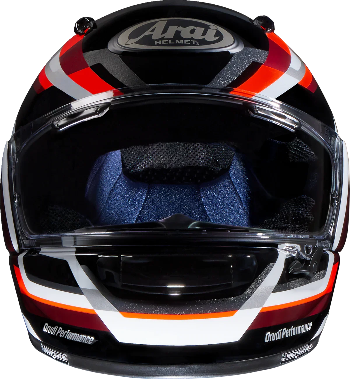 Arai full-face motorcycle helmet with red, white, and black graphics, clear visor, and Drudi Performance lining