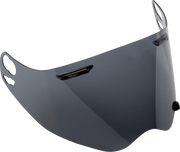 Arai motorcycle helmet visor with dark tint, shown with display stand for protective gear