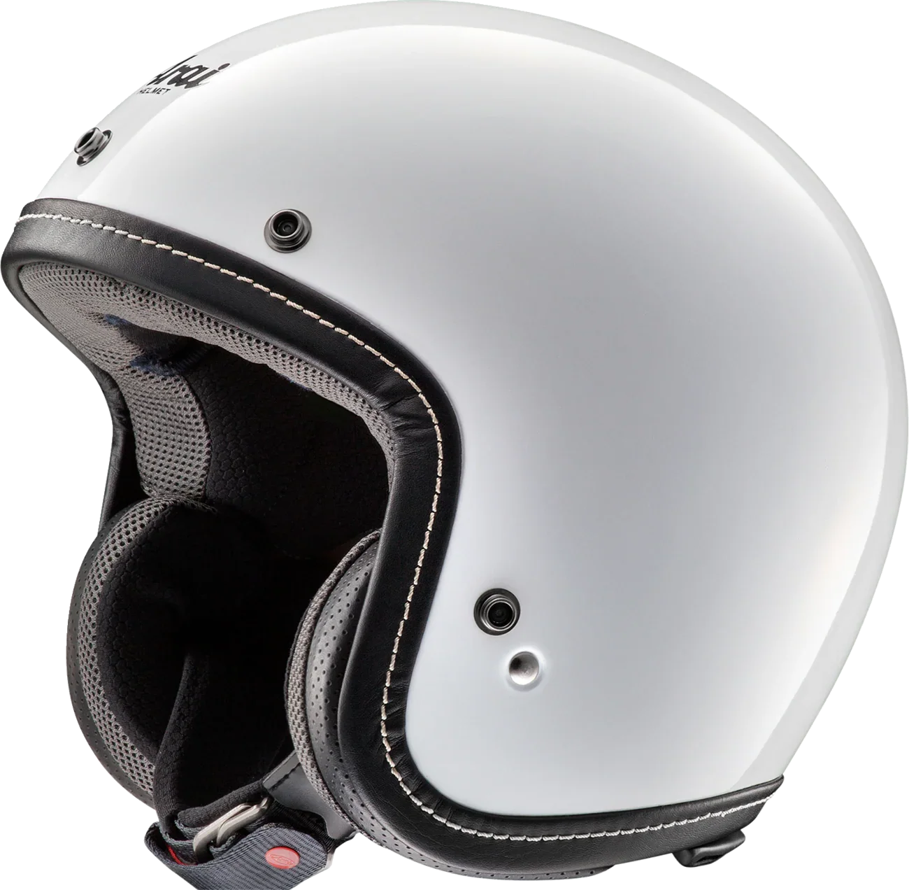 White open-face motorcycle helmet with black trim and ventilation ports