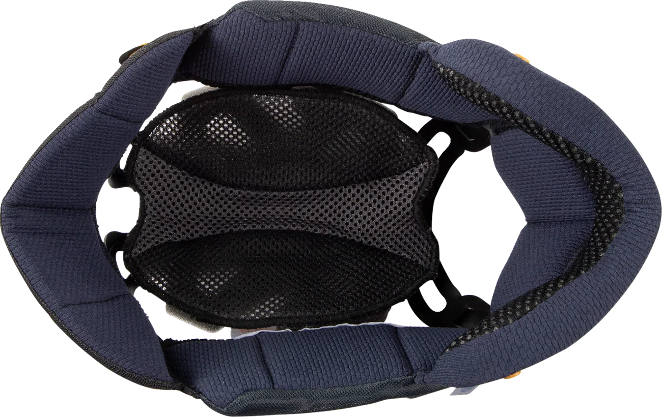 Motorcycle helmet interior with navy padding and black mesh lining for comfort and ventilation