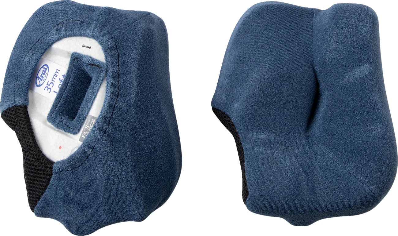 Blue motorcycle helmet cheek pads with 35mm thickness, soft fabric lining and mesh backing for comfort