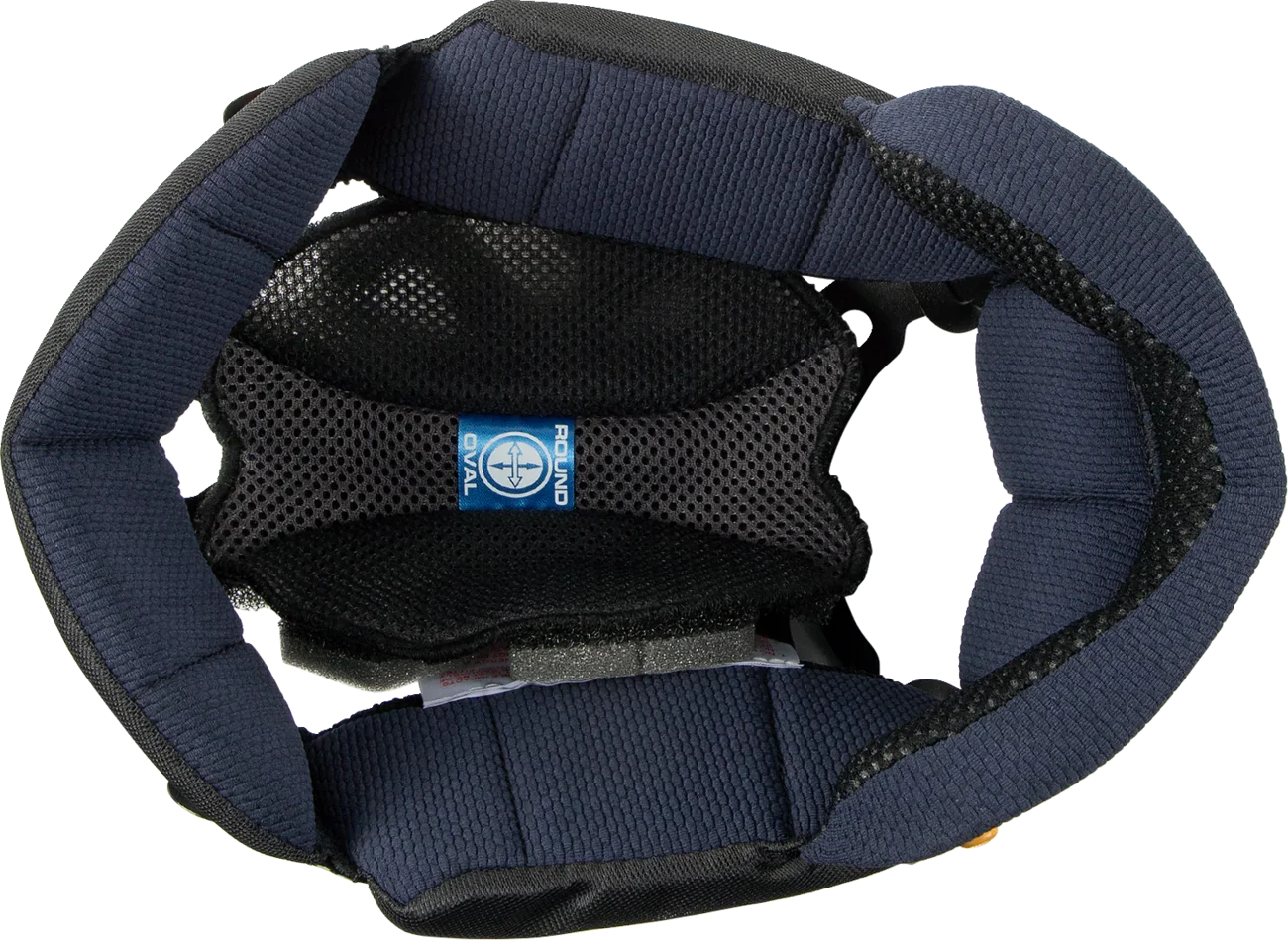 Oval Round motorcycle helmet interior with navy padding and breathable mesh lining for comfort and fit