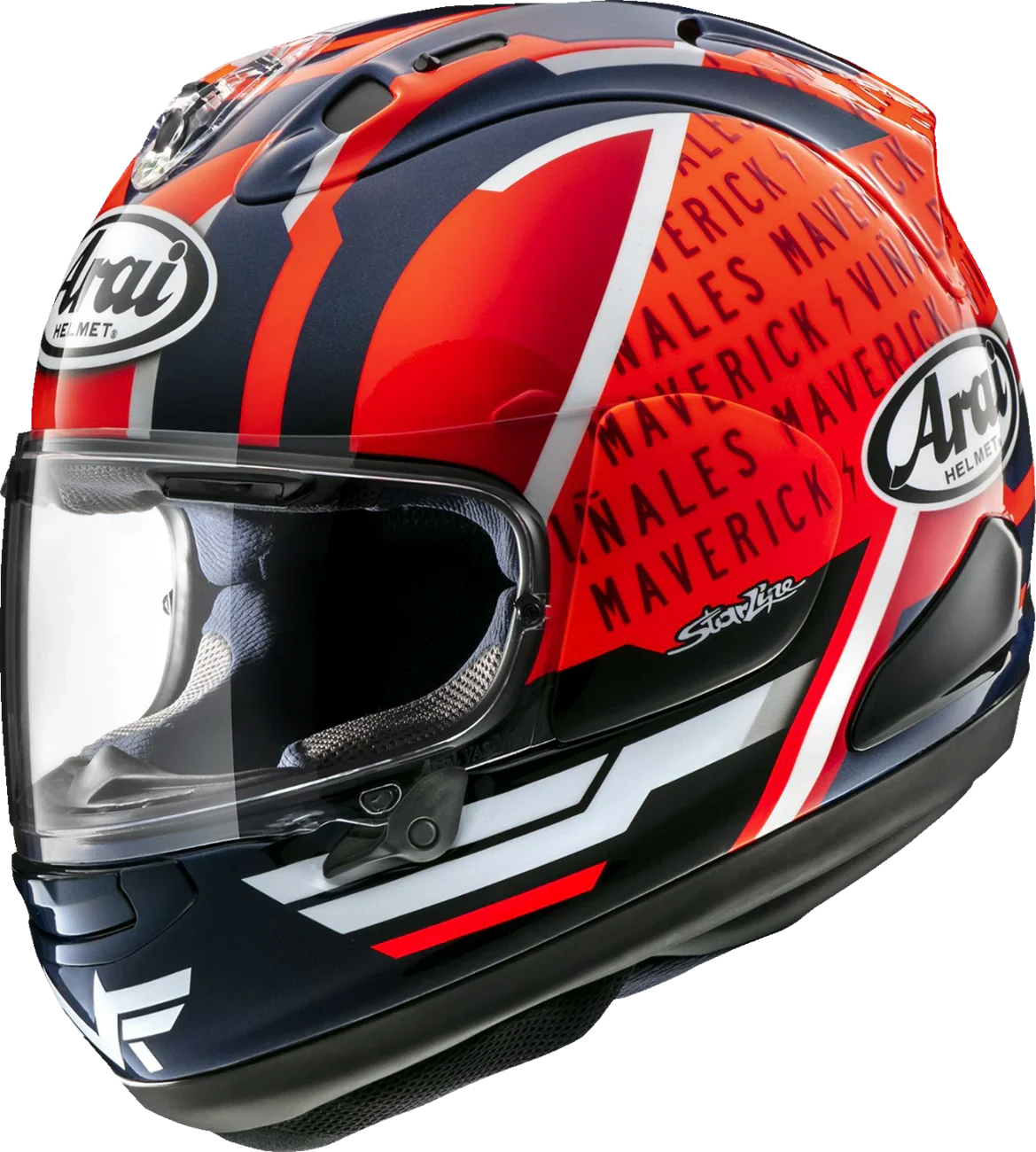 Arai motorcycle helmet with red, blue, and white design featuring 'Maverick' text and clear visor