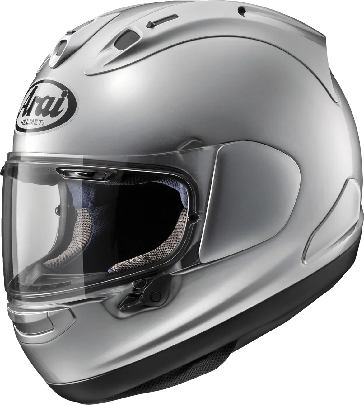 Silver Arai full-face motorcycle helmet with clear visor and ventilation slots
