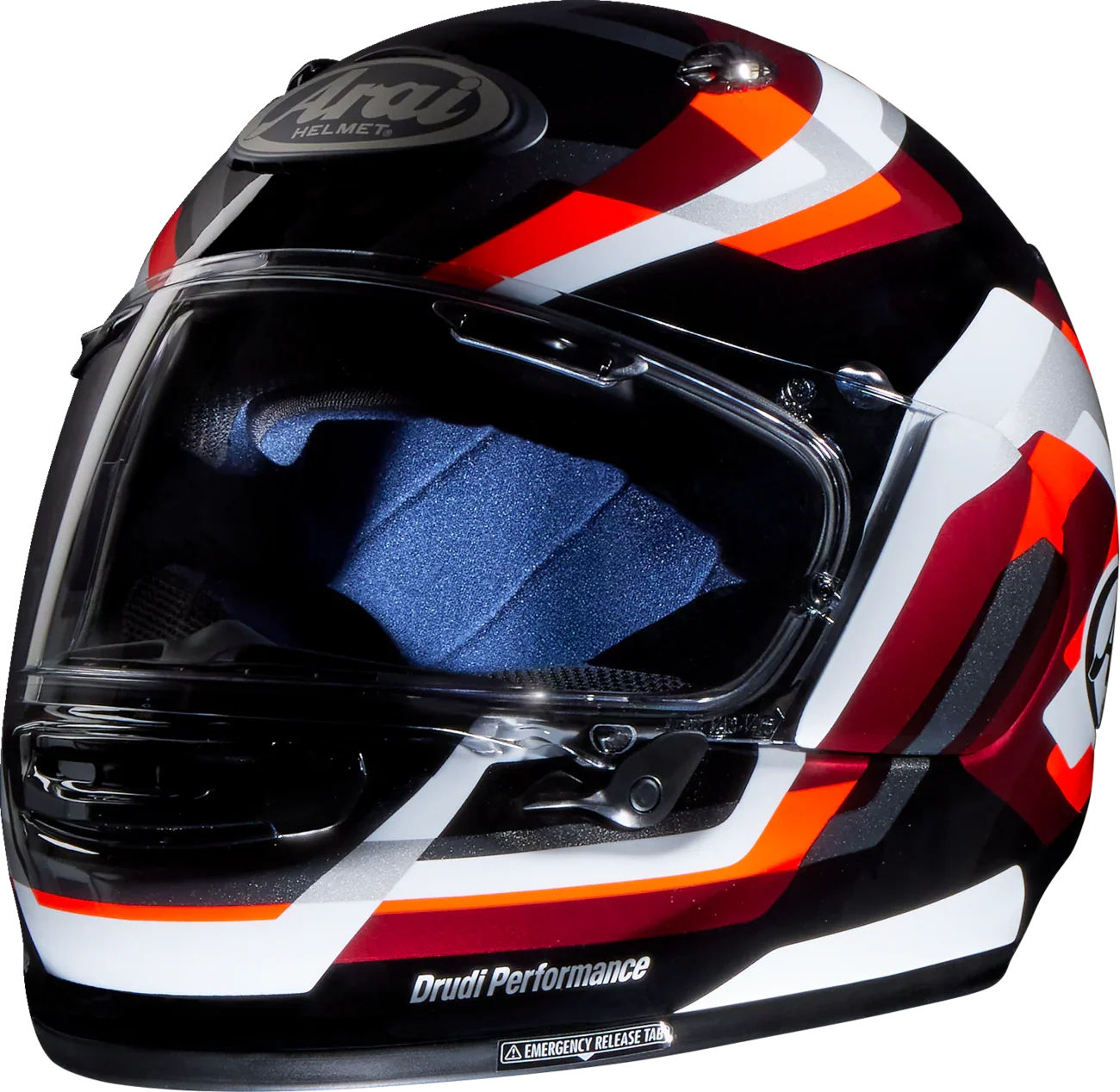 Arai full-face motorcycle helmet with red, white, and black graphics, Drudi Performance lining, and clear visor
