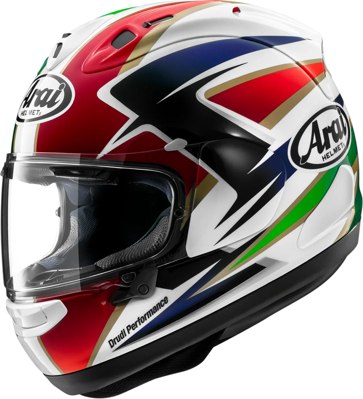 Arai Drudi Performance motorcycle helmet with red, white, blue, green, and gold graphics, clear visor, and sleek design