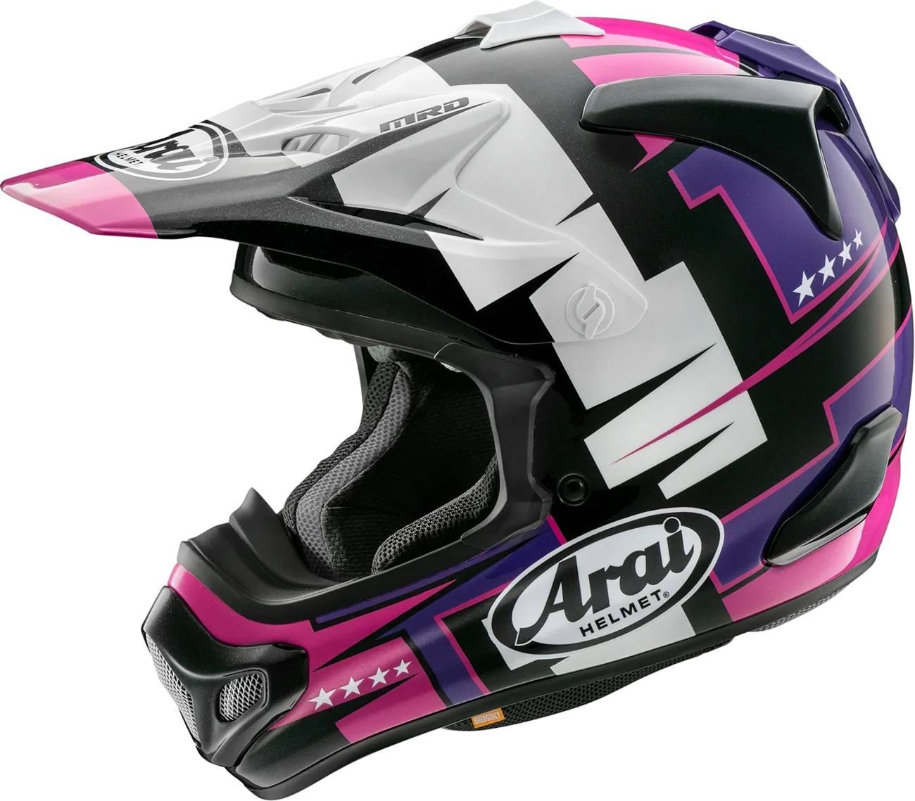 Arai motocross helmet with pink, purple, and white graphics, featuring MRD tech and star accents for off-road riding.