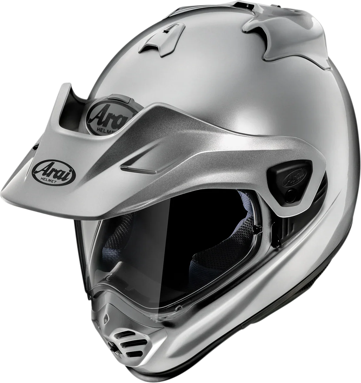 Arai off-road motorcycle helmet with visor, silver metallic finish, premium protective gear
