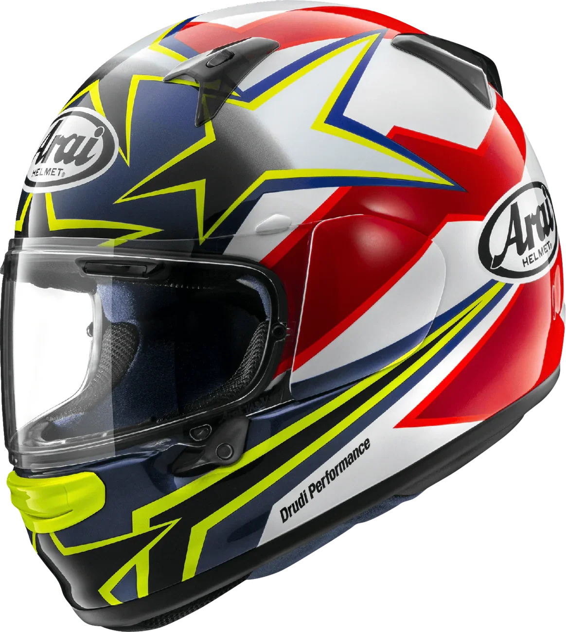 Arai Drudi Performance motorcycle helmet with bold red, white, blue, and neon yellow graphics and clear visor