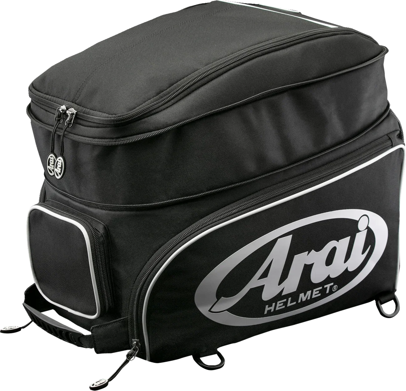 Black Arai motorcycle helmet bag with silver logo, multiple zippers, and carry handles for secure transport