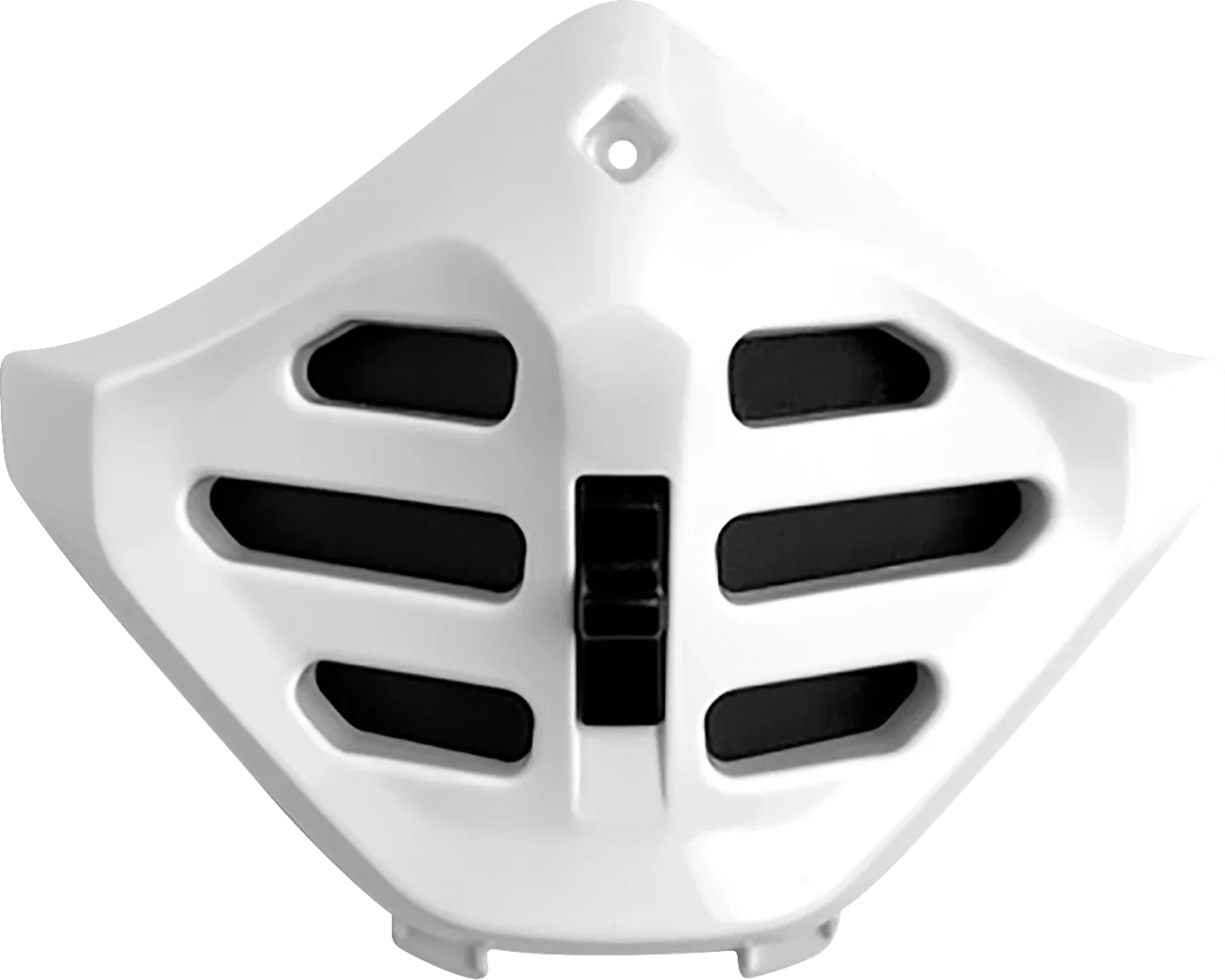 White motorcycle helmet chin vent with black airflow slots for ventilation and comfort