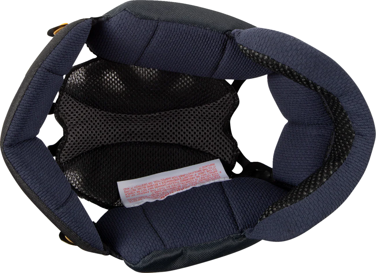 Interior view of motorcycle helmet with padded navy blue lining and black mesh for comfort and ventilation