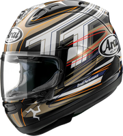 Arai full-face motorcycle helmet with Drudi Performance graphics, clear visor, and bold black, gold, and white design