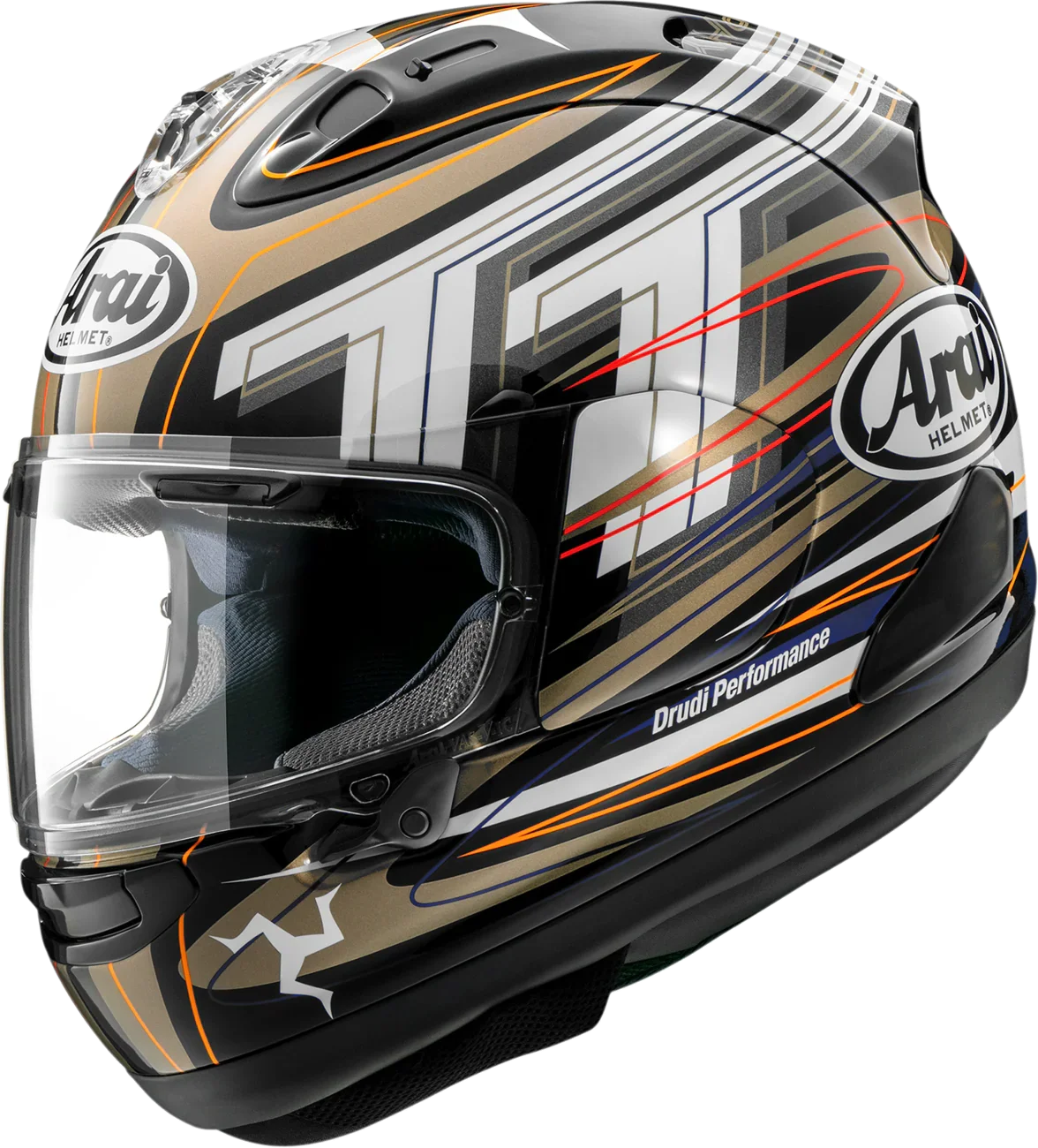 Arai full-face motorcycle helmet with Drudi Performance graphics, clear visor, and bold black, gold, and white design