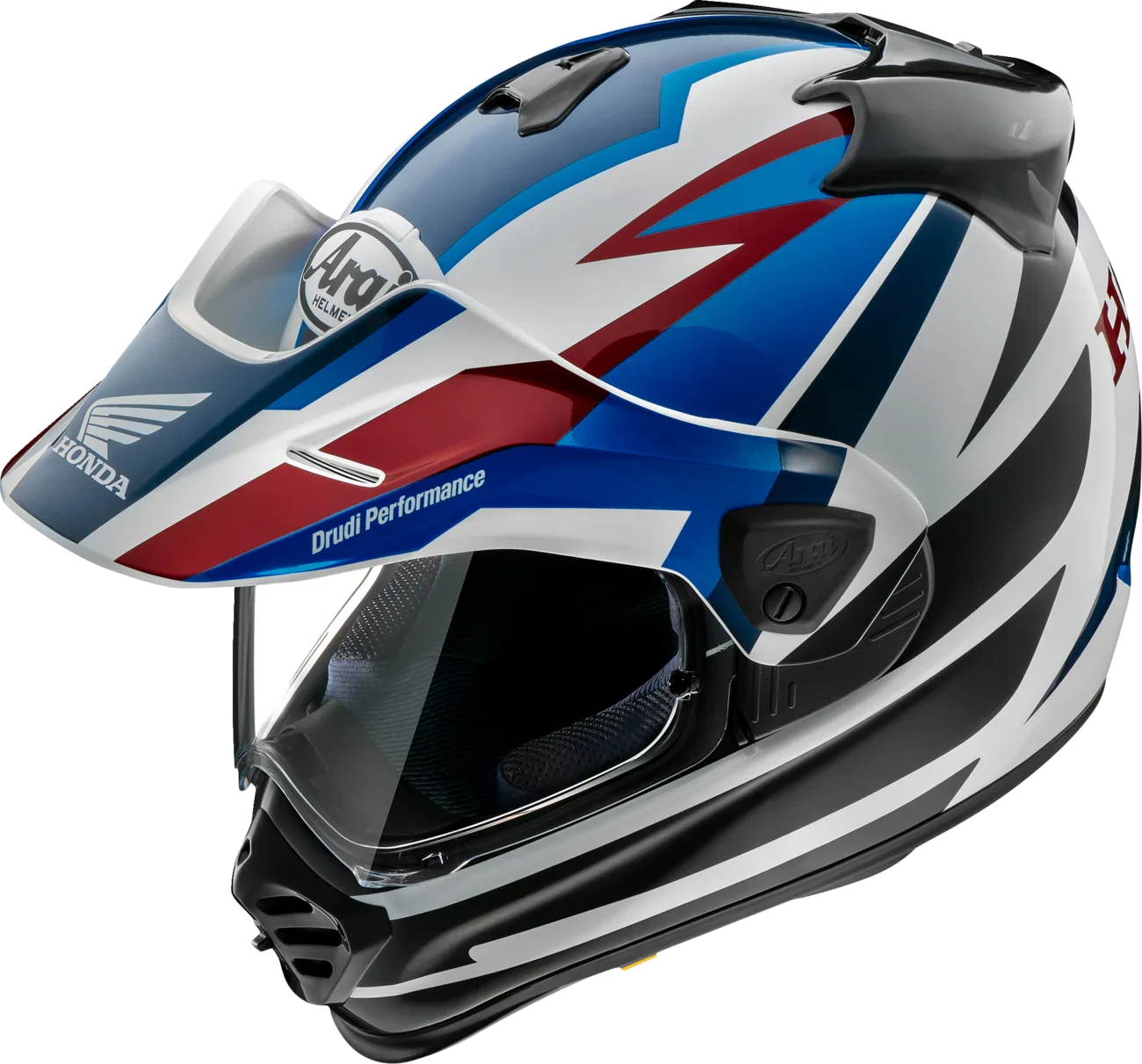 Arai motorcycle helmet with Honda and Drudi Performance graphics, blue white red design