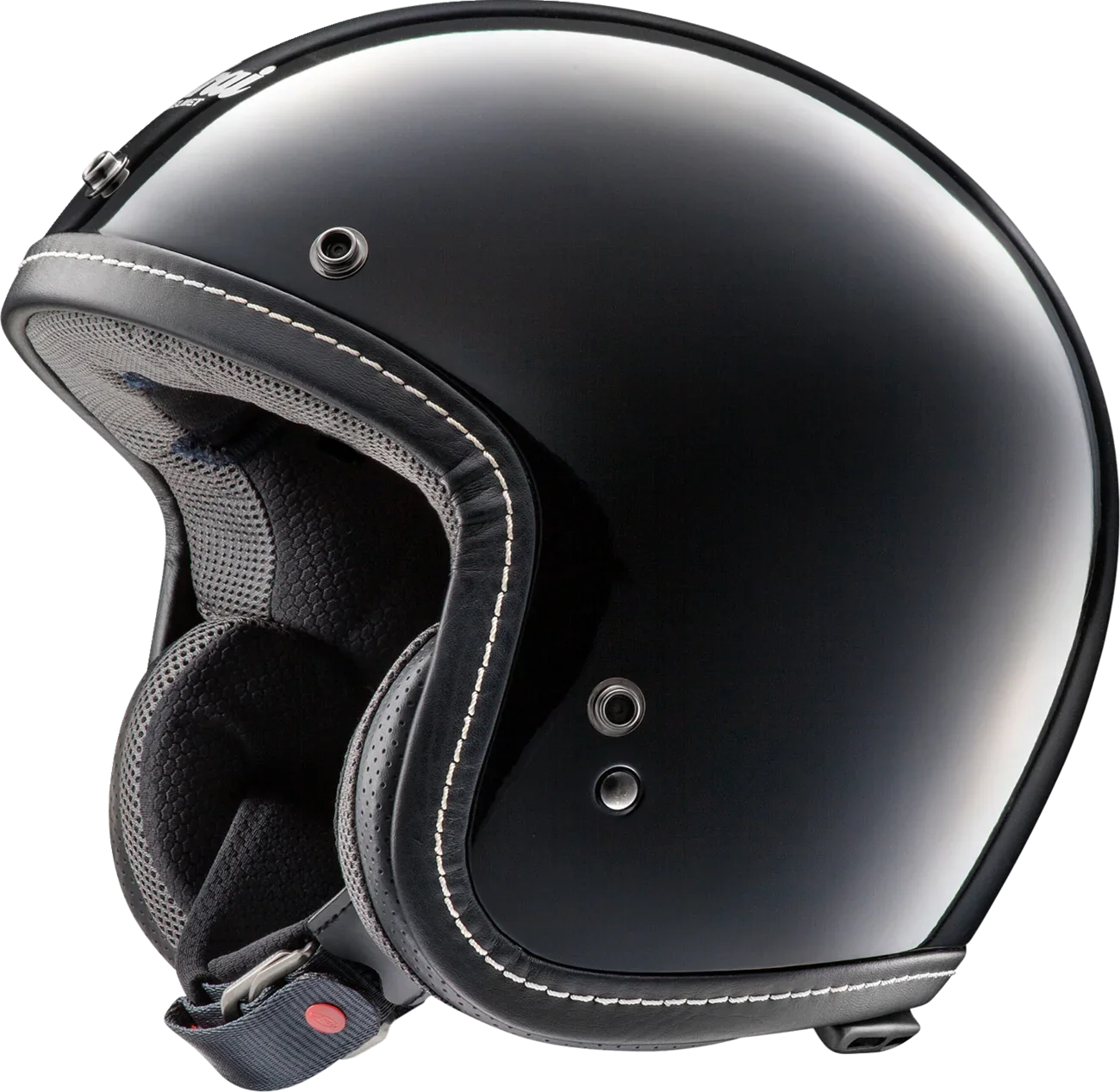 Gloss black open-face motorcycle helmet with white stitching and padded interior