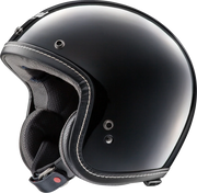 Gloss black open-face motorcycle helmet with white stitching and padded interior
