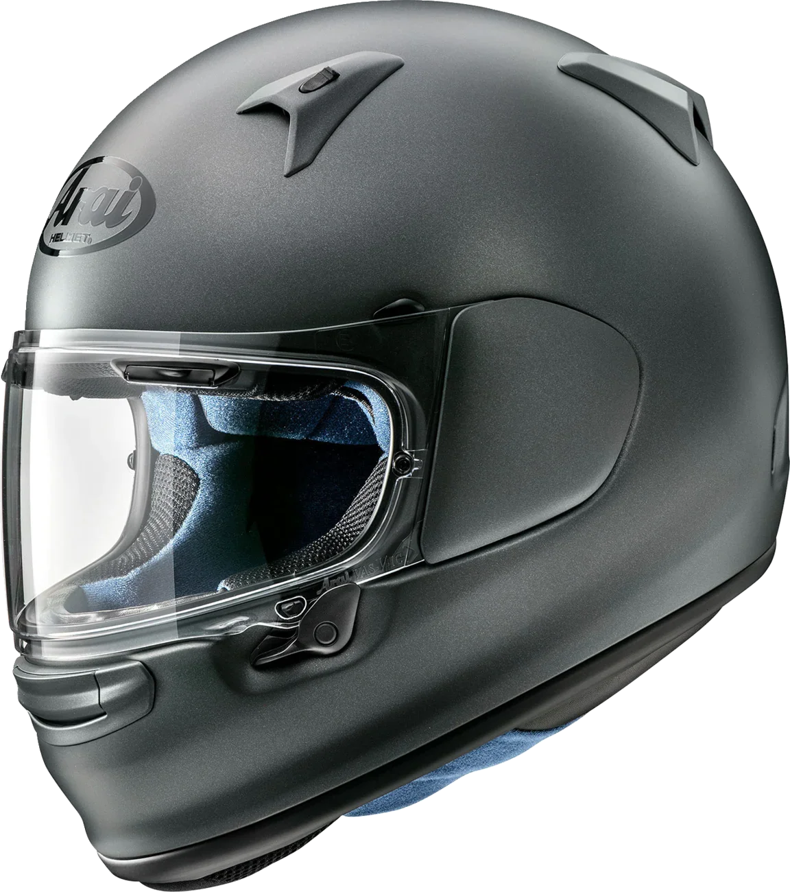 Matte black Arai motorcycle helmet with clear visor and blue interior padding