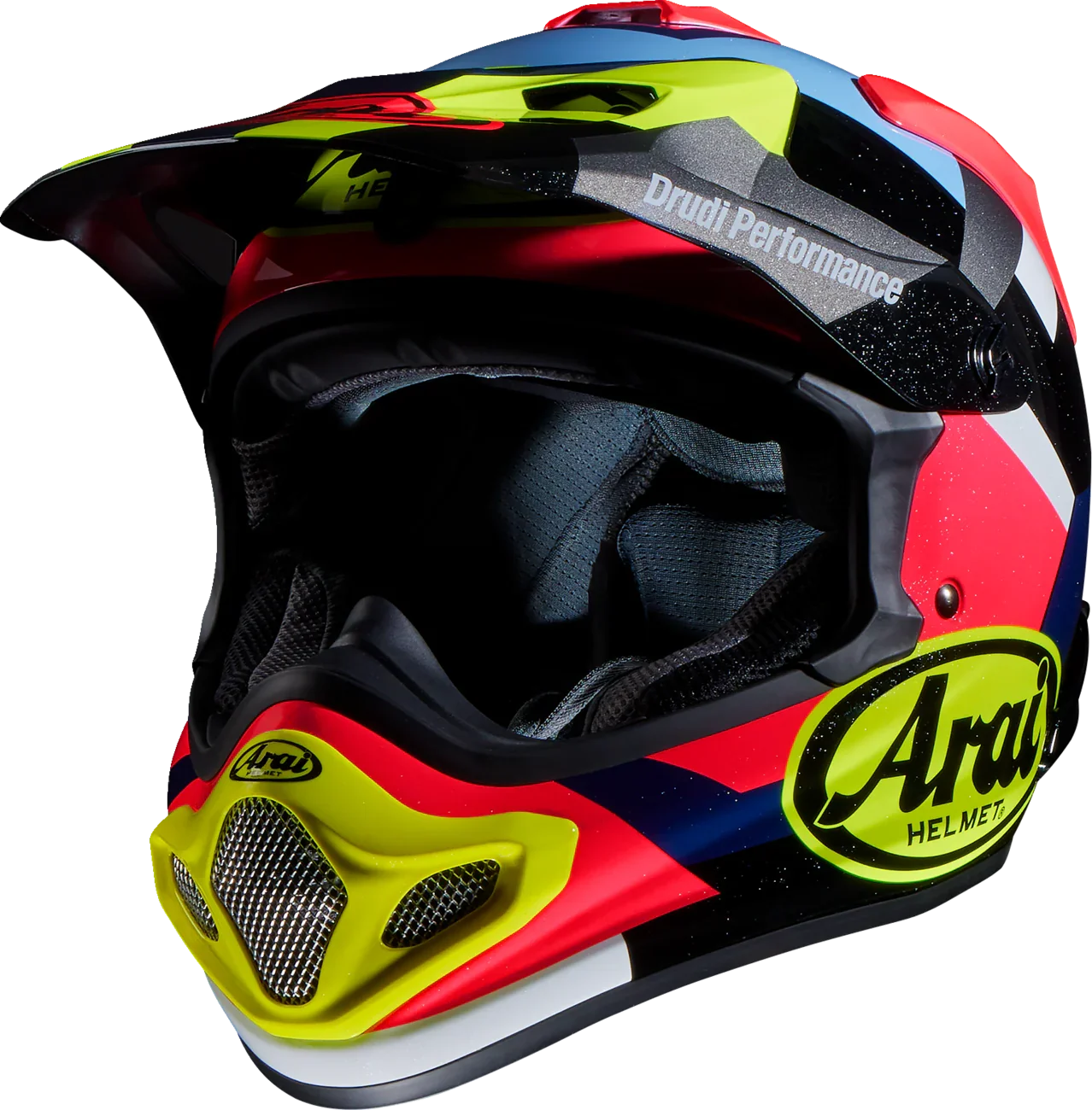 Arai motocross helmet with Drudi Performance graphics, vibrant red, blue, and neon yellow design