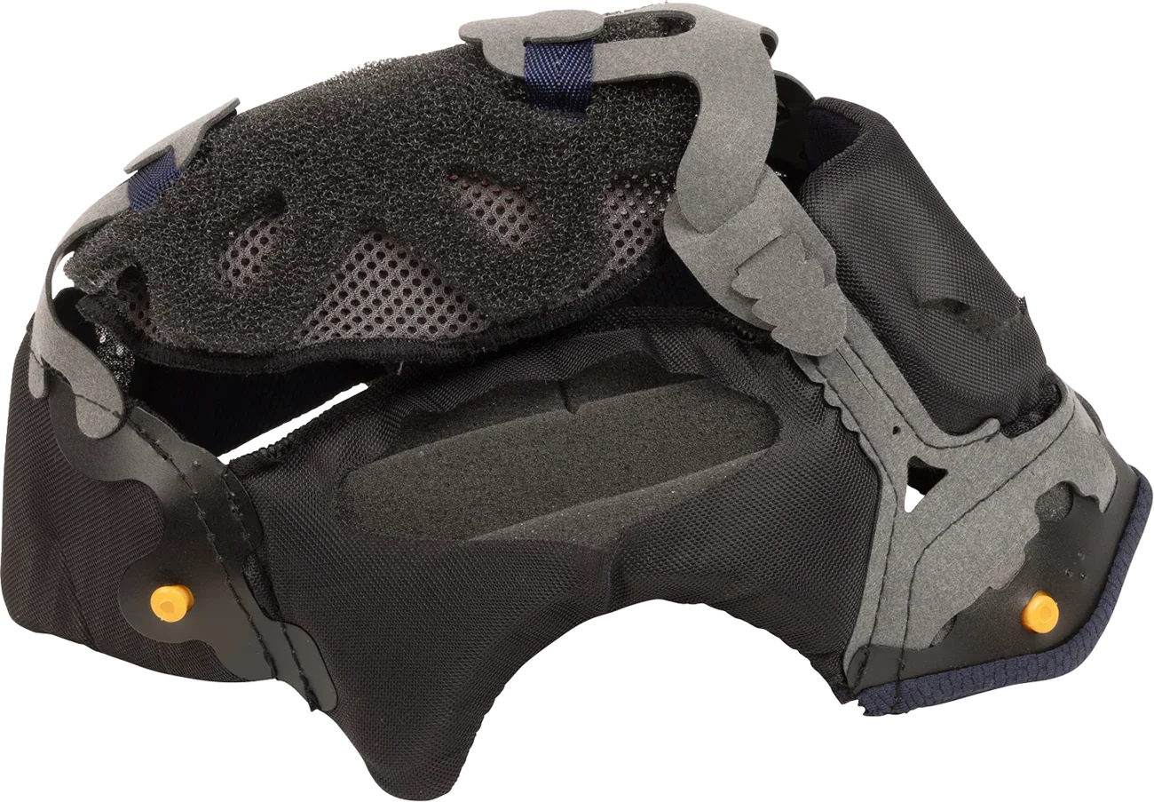 Black motorcycle helmet interior with breathable padding and adjustable straps for comfort and fit