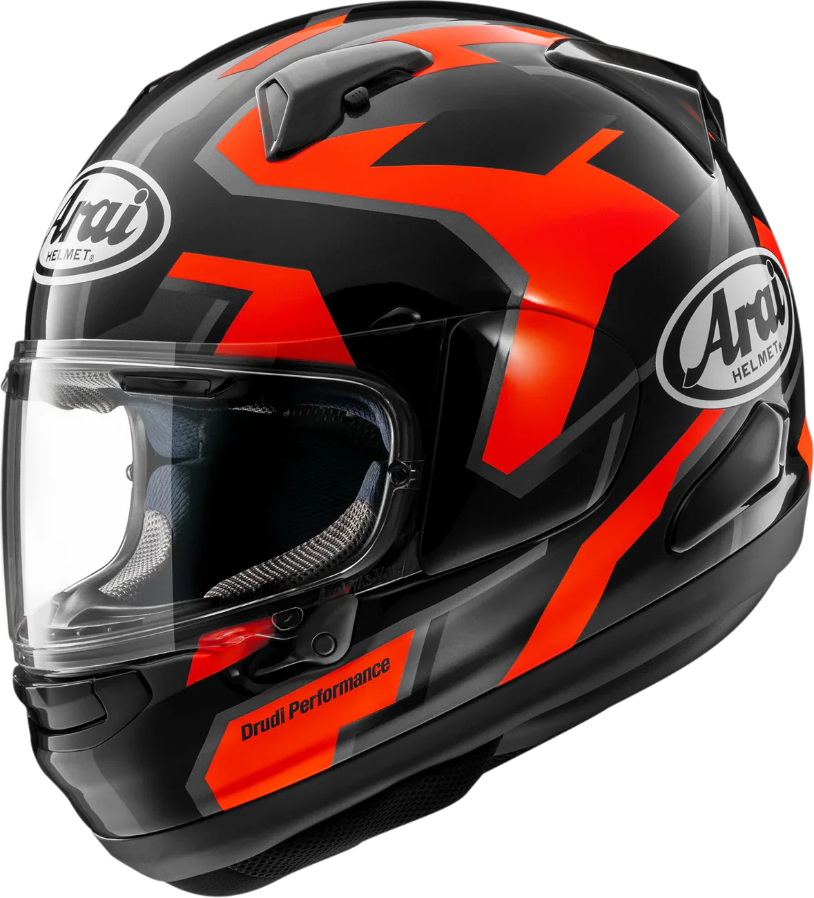 Arai Drudi Performance motorcycle helmet with bold red and black graphics, clear visor, and premium design