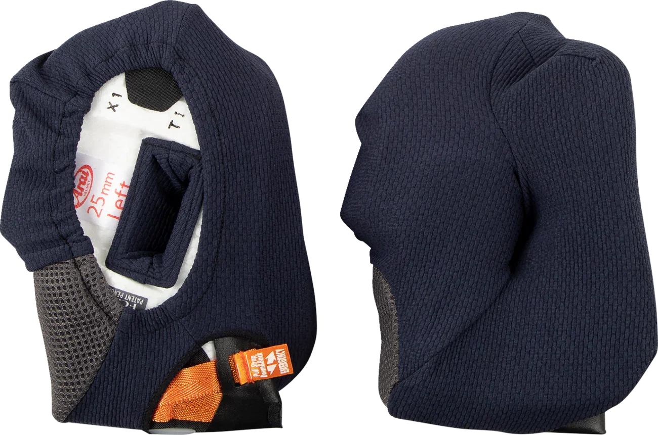 Arai motorcycle helmet liner with 25mm padding, emergency release strap, and breathable mesh panels