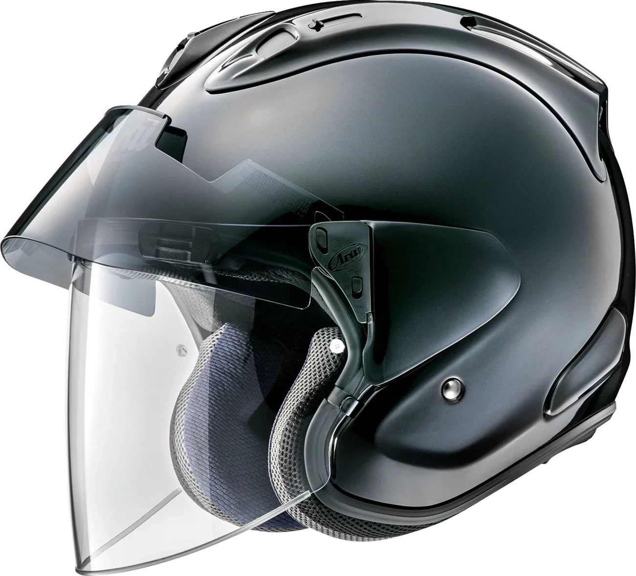 Arai motorcycle helmet with clear visor, matte black finish, and adjustable chin strap for safety and comfort.