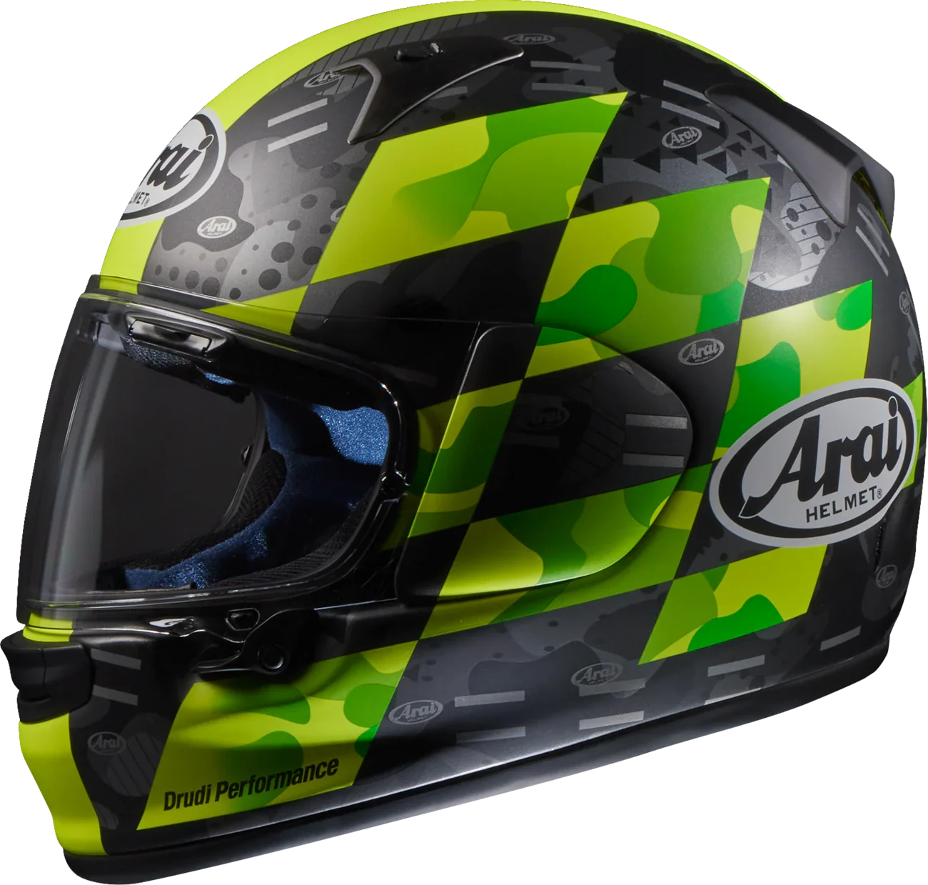 Arai Drudi Performance motorcycle helmet with neon green and black camo design, clear visor, and premium protective gear details.
