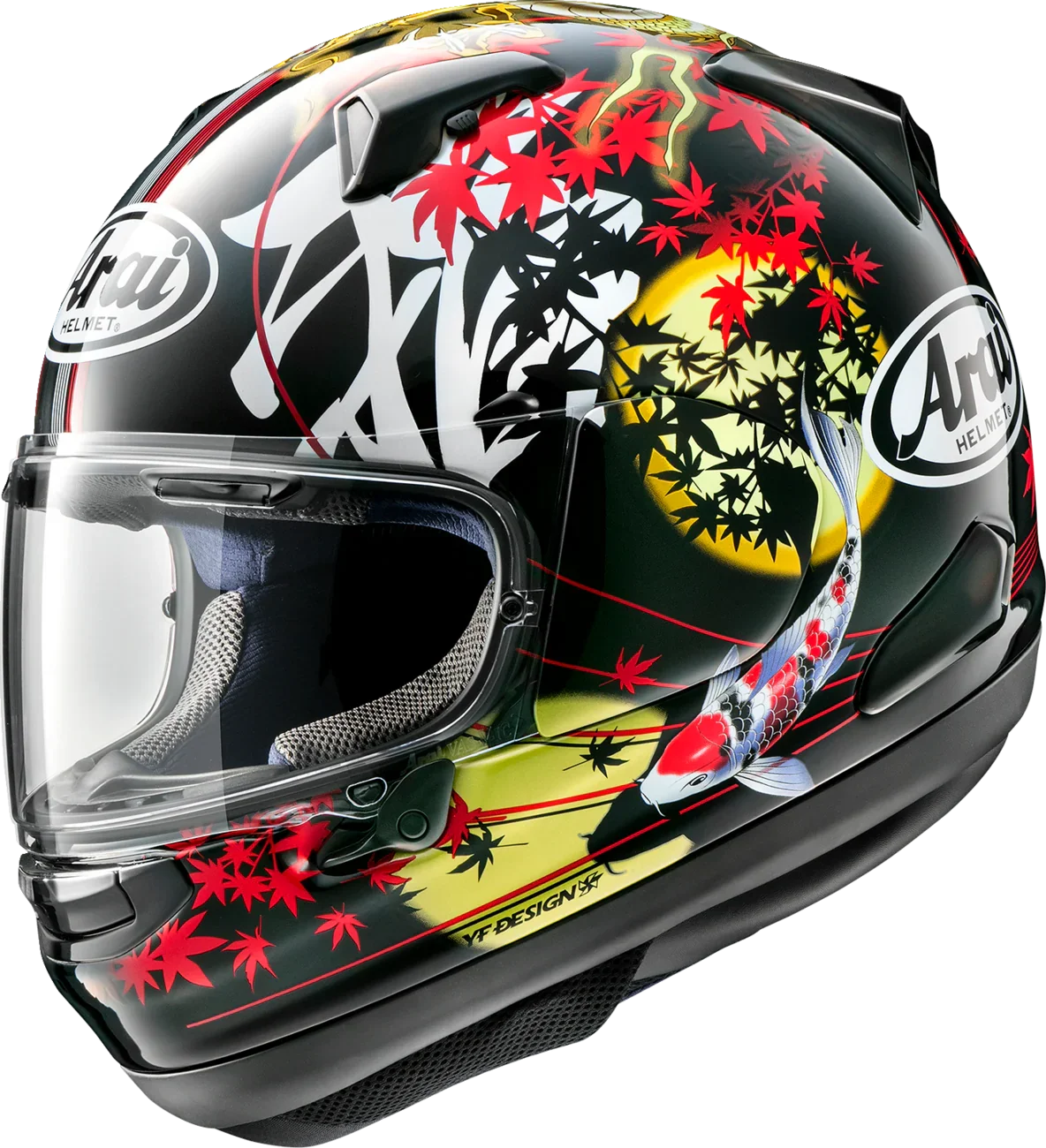 Arai motorcycle helmet with koi fish and red maple leaf design, full-face protective gear