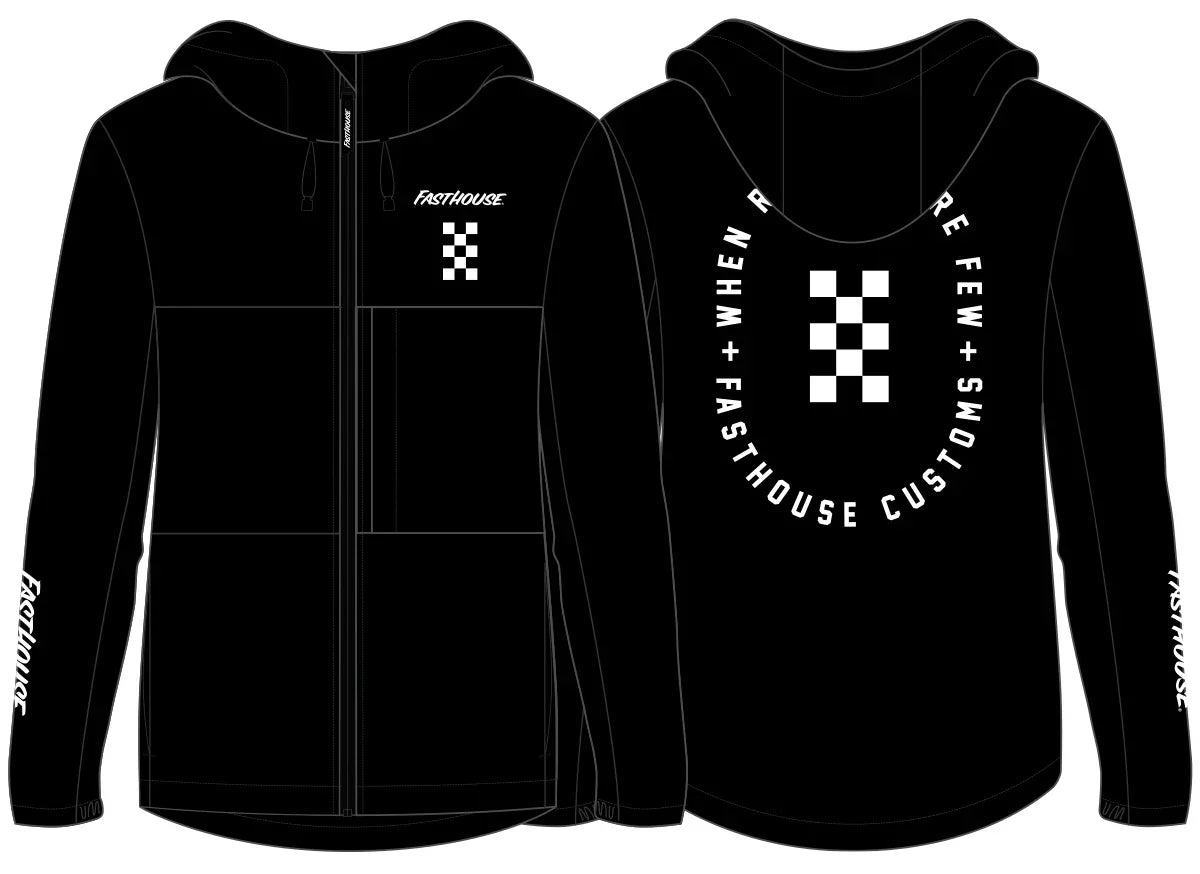 Black hoodie with white branding and graphics on a white background