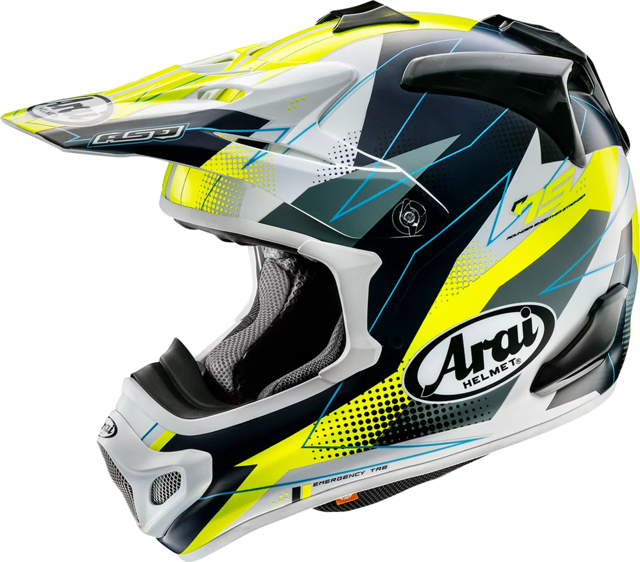 Arai motocross helmet with neon yellow, black, and white graphics, featuring emergency release tab and vented design
