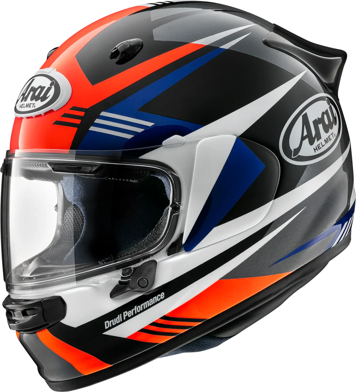 Arai Drudi Performance motorcycle helmet with bold red, blue, and white graphics and clear visor