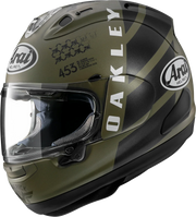 Arai motorcycle helmet with Oakley graphics, olive and black design, clear visor, premium protective gear