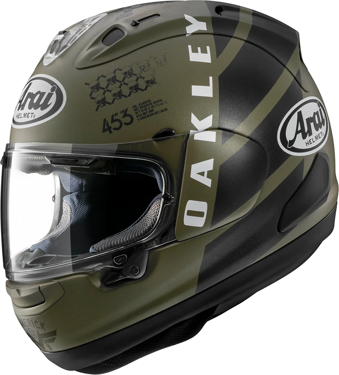 Arai motorcycle helmet with Oakley graphics, olive and black design, clear visor, premium protective gear