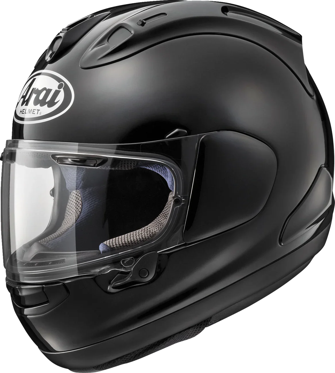 Arai full-face motorcycle helmet with clear visor, matte black finish, and ventilation features