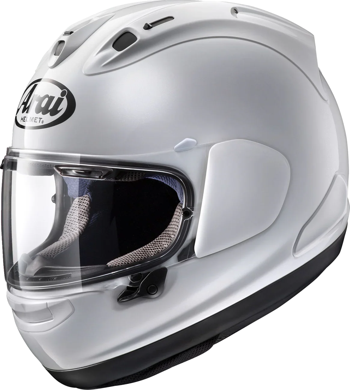 White Arai full-face motorcycle helmet with clear visor and ventilation slots for safety and comfort