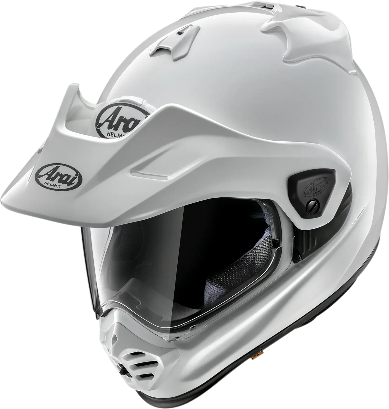 White Arai off-road motorcycle helmet with clear visor and chin vent