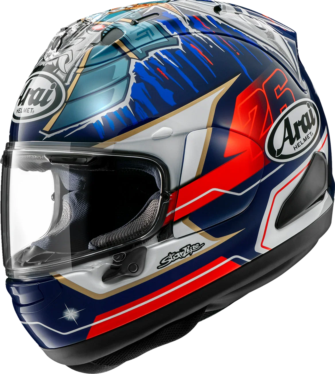 Arai full-face motorcycle helmet with blue, red, and white graphics, clear visor, and Starline design