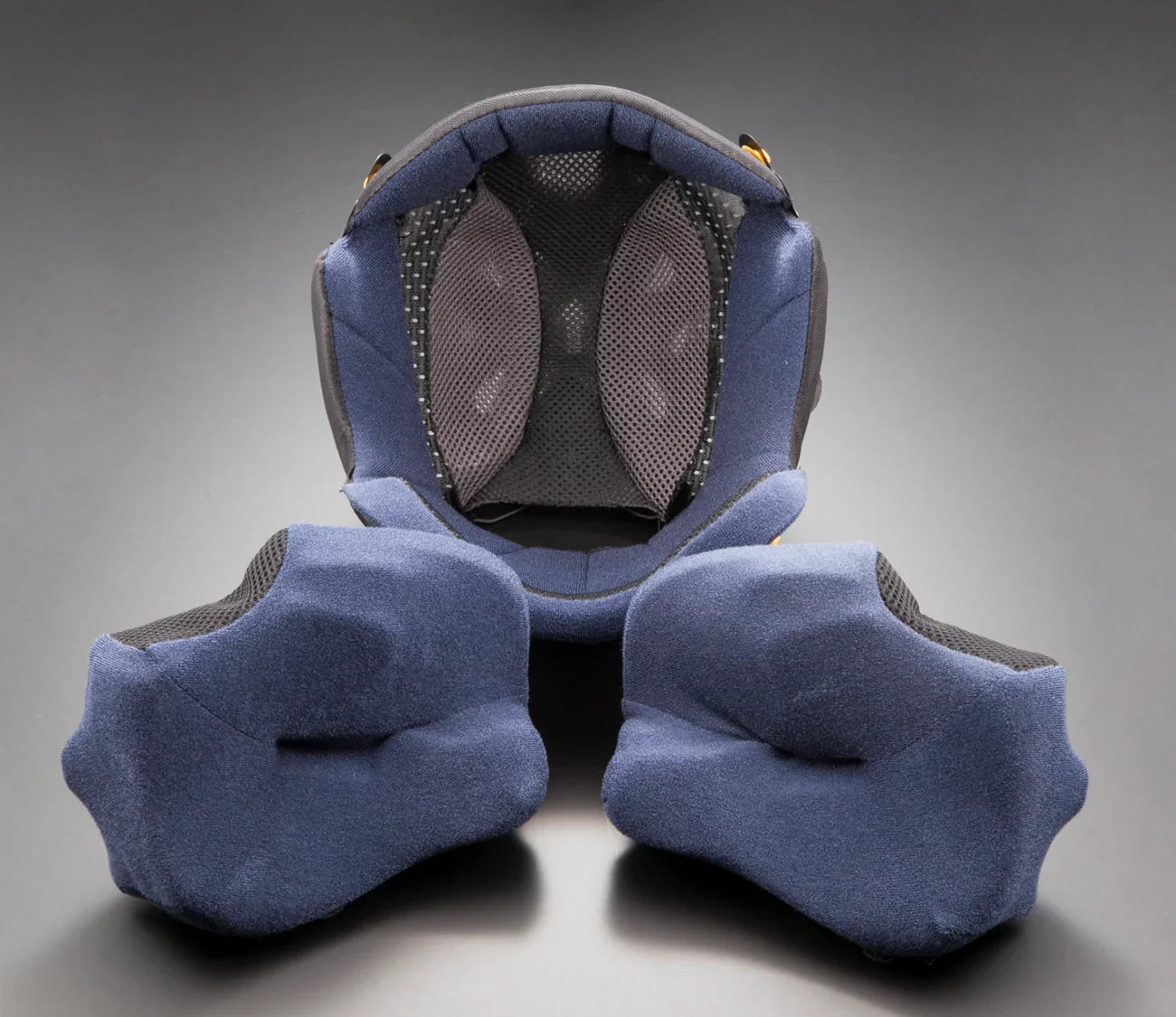 Blue motorcycle helmet interior with removable padding and mesh lining for comfort and ventilation
