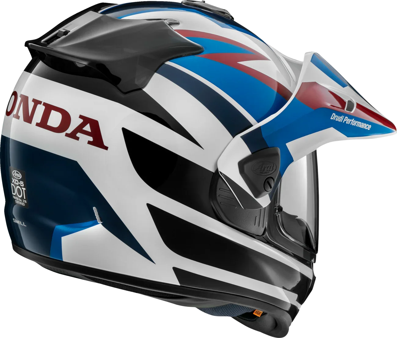 Arai XD-5 motorcycle helmet with Honda graphics, blue white red design, DOT certified, Drudi Performance visor
