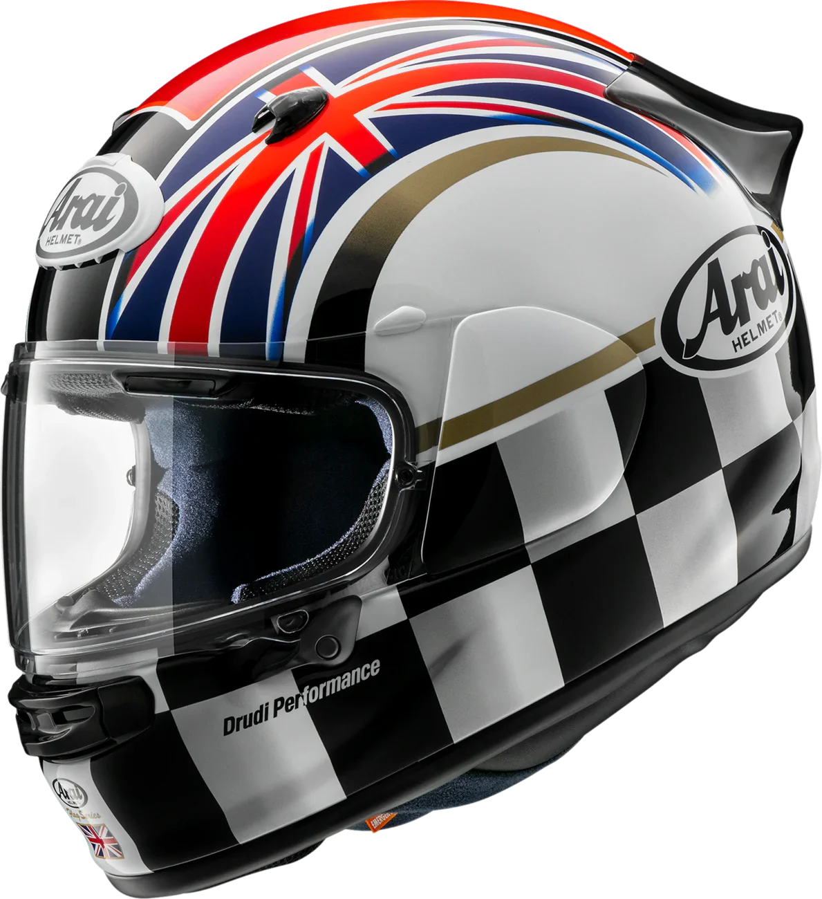 Arai motorcycle helmet with Union Jack and checkered flag design, Drudi Performance graphics