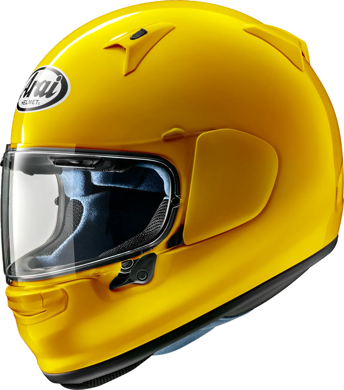 Bright yellow Arai motorcycle helmet with clear visor, premium full-face design for rider safety and protection.