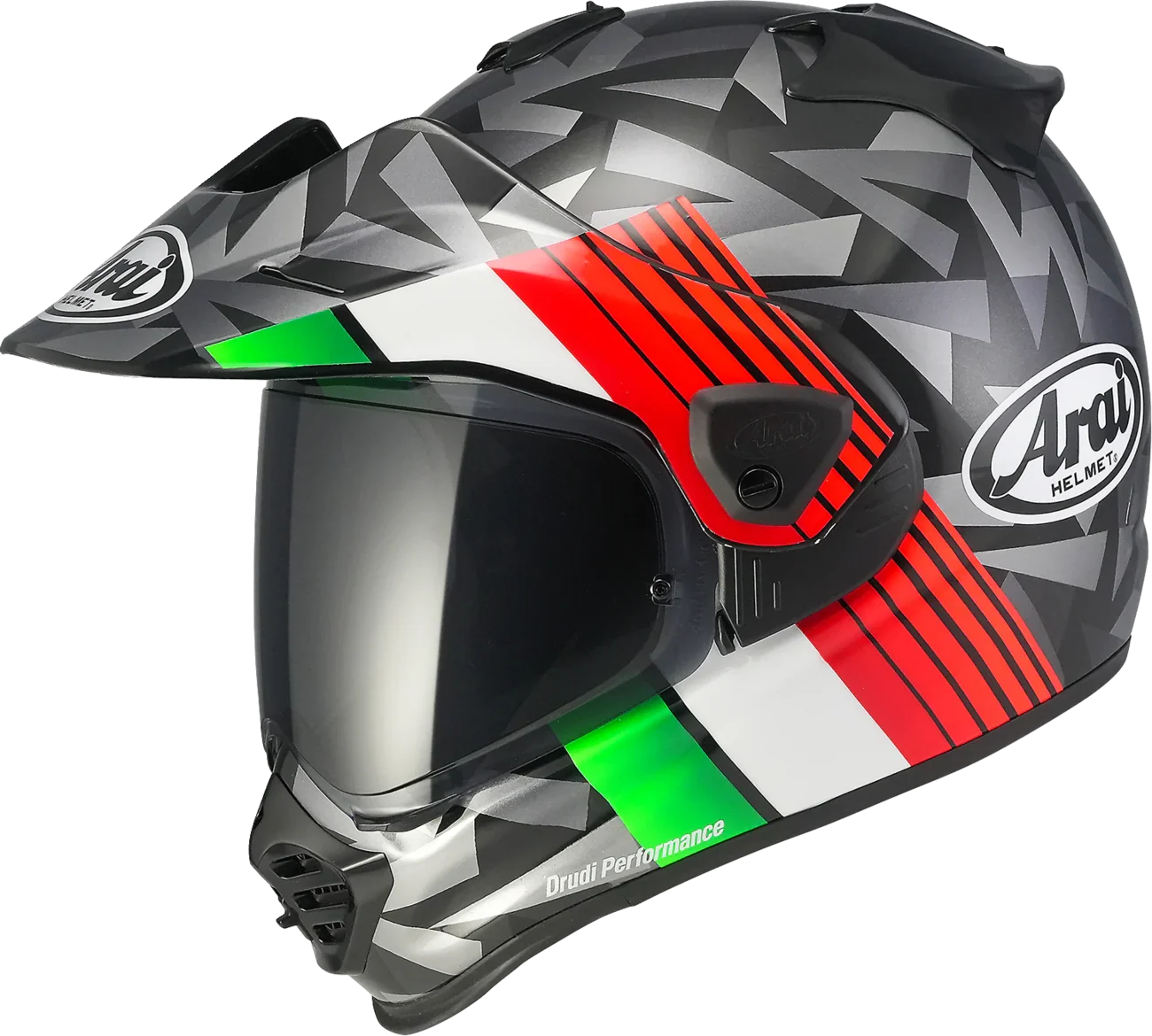 Arai motorcycle helmet with Italian flag design, geometric pattern, and Drudi Performance branding