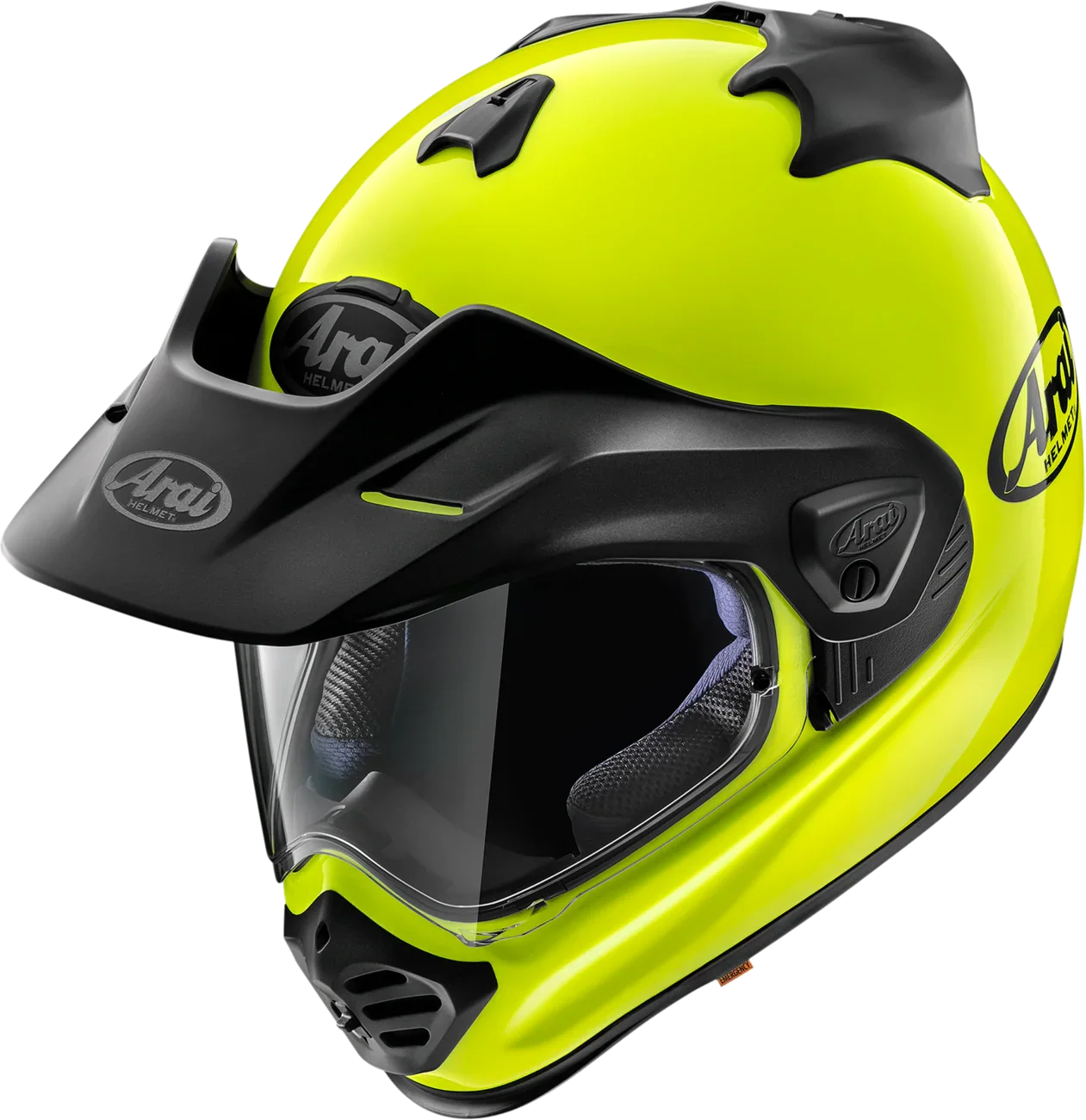 Bright yellow Arai motorcycle helmet with black visor and chin guard, ideal for street and off-road riding.