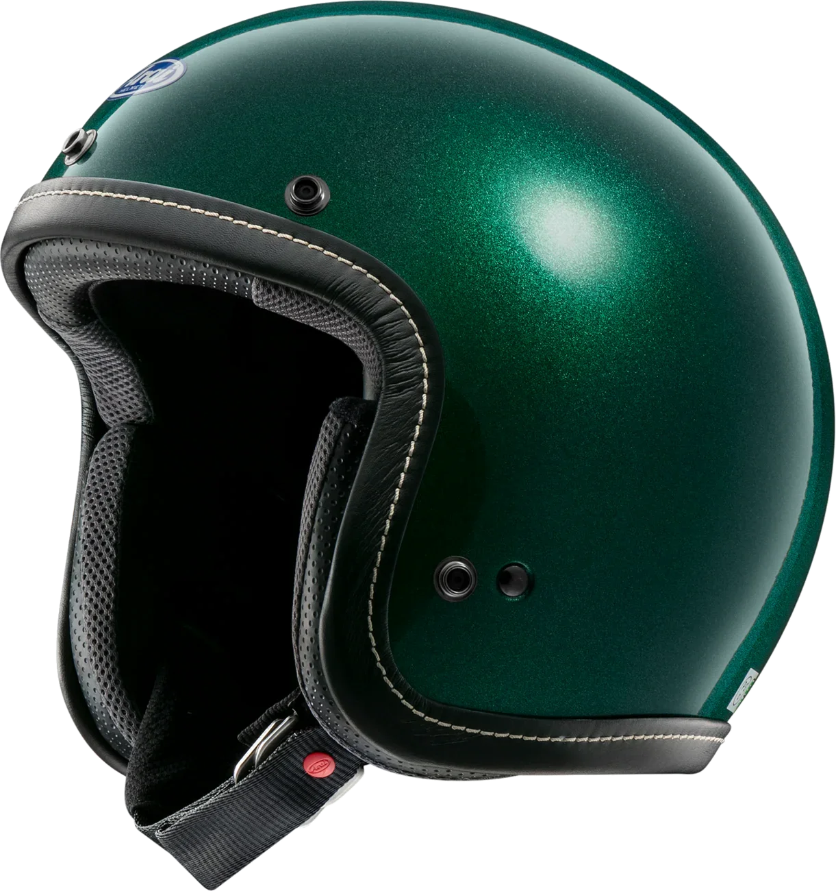 Emerald green open-face motorcycle helmet with black trim and white stitching, featuring ventilation ports and a chin strap.