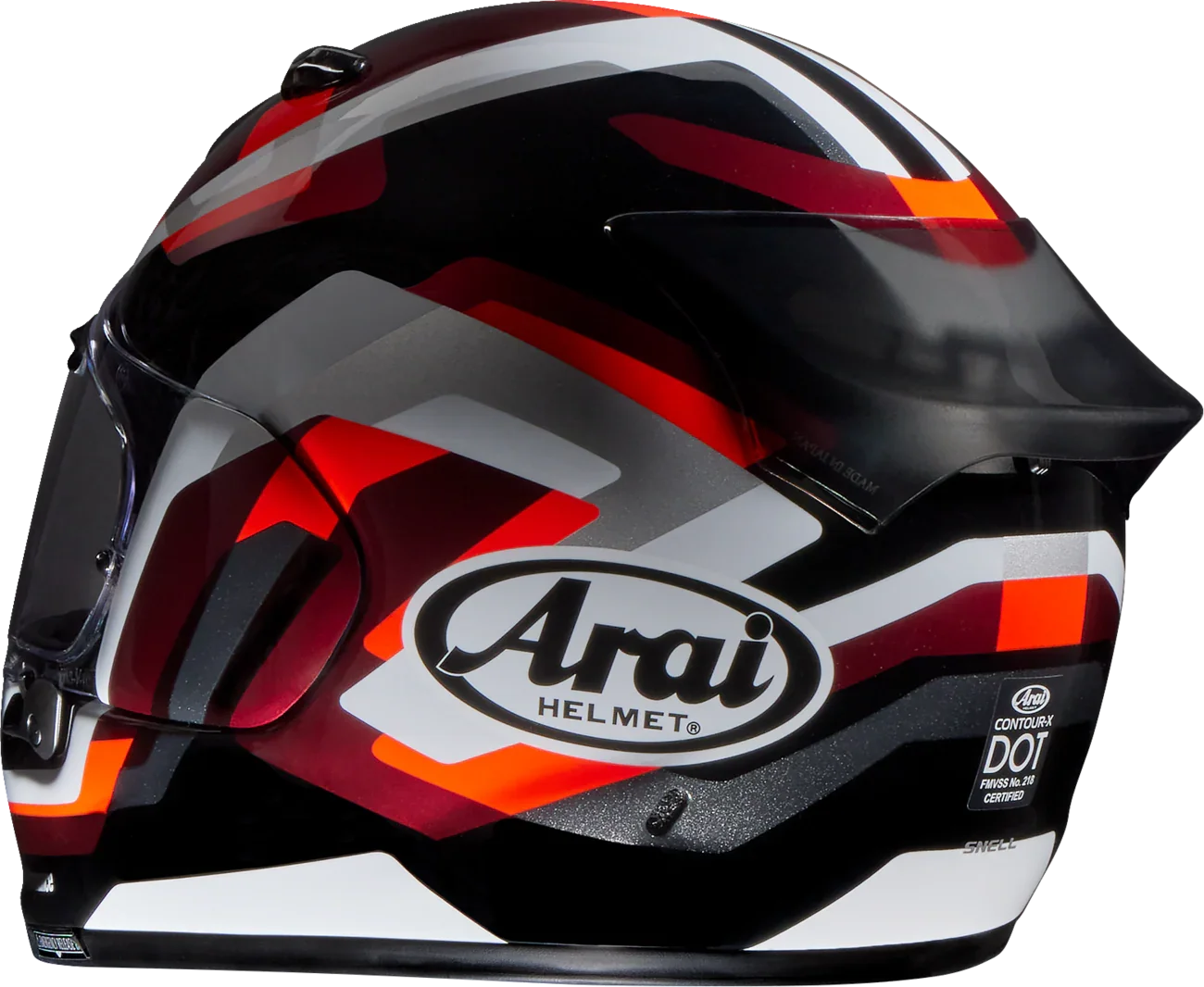 Arai Contour-X full-face motorcycle helmet with red, black, and white graphics, DOT certified