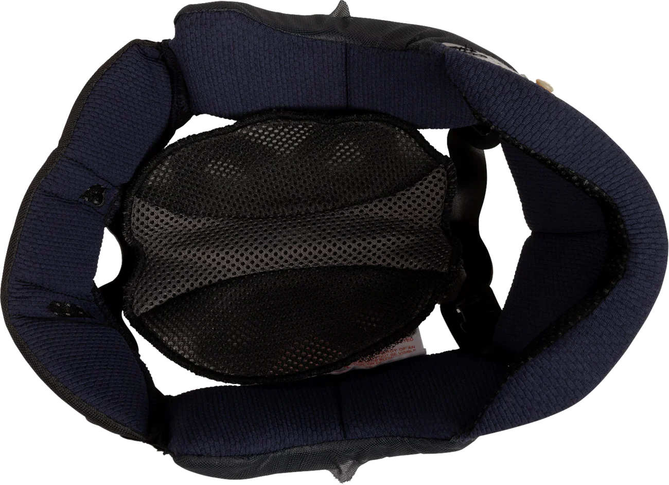 Interior view of motorcycle helmet with navy padding and black mesh lining for comfort and ventilation